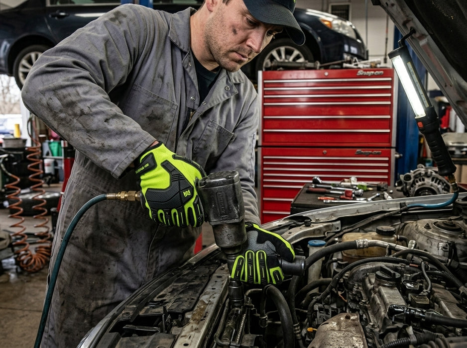 Mechanic working on a car engine with tools and equipment in the background-wearing Tuff Gard Synthetic Leather Mechanic Glove – Fluorescent Green & Black