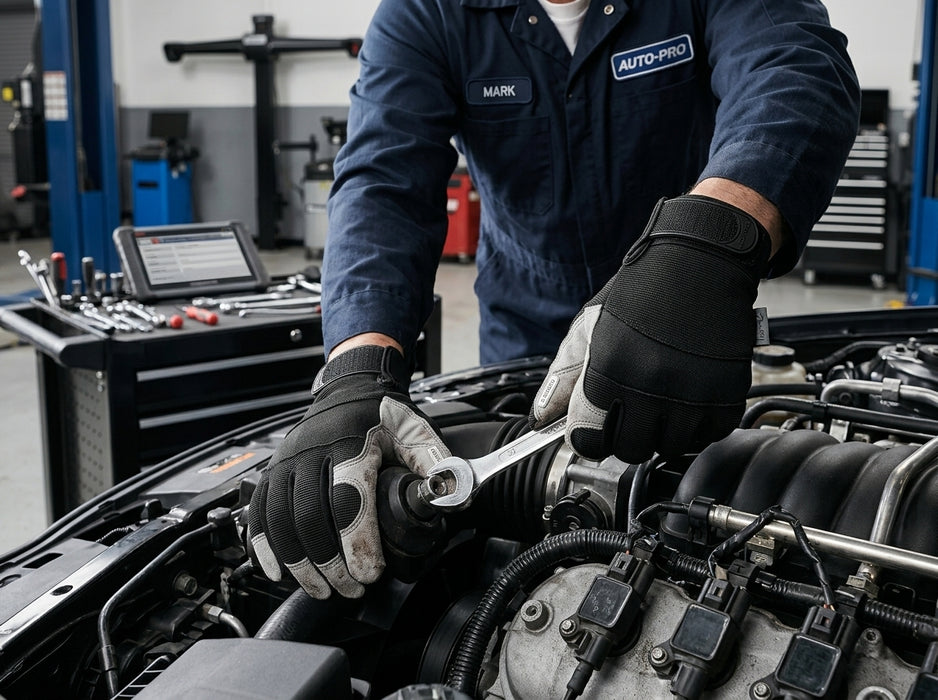 Mechanic working on a car engine in a garage wearing Tuff Gard Leather Palm Mechanic Glove – White & Black