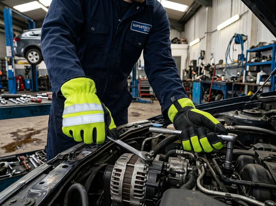 Mechanic working on a car engine in a garage wearing high-visibility gloves.