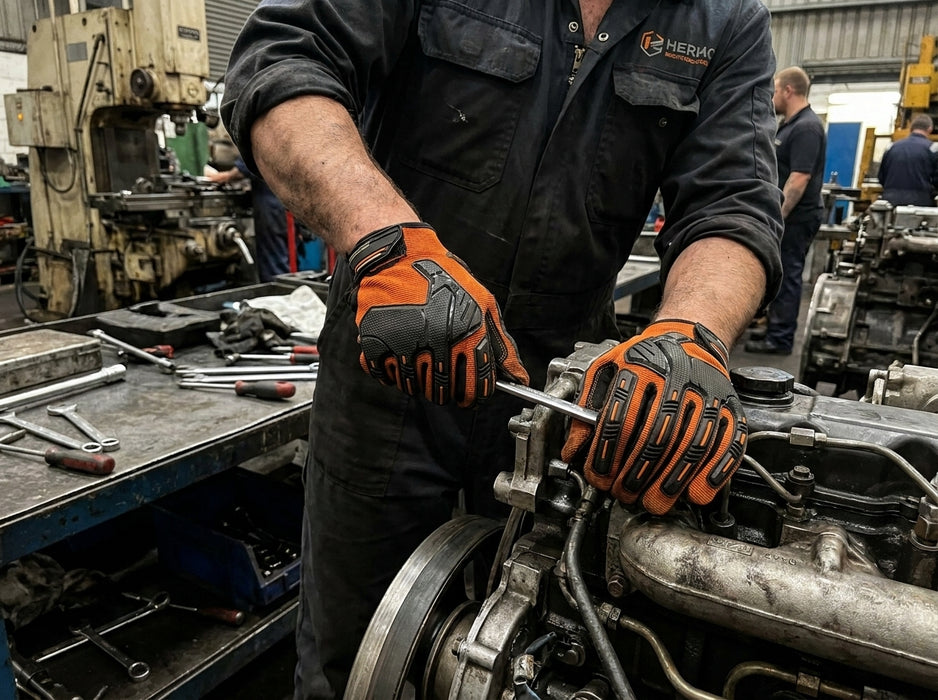 Mechanic working on a vehicle engine in a workshop wearing Tuff Gard Synthetic Leather Mechanic Glove – Fluorescent Orange & Black