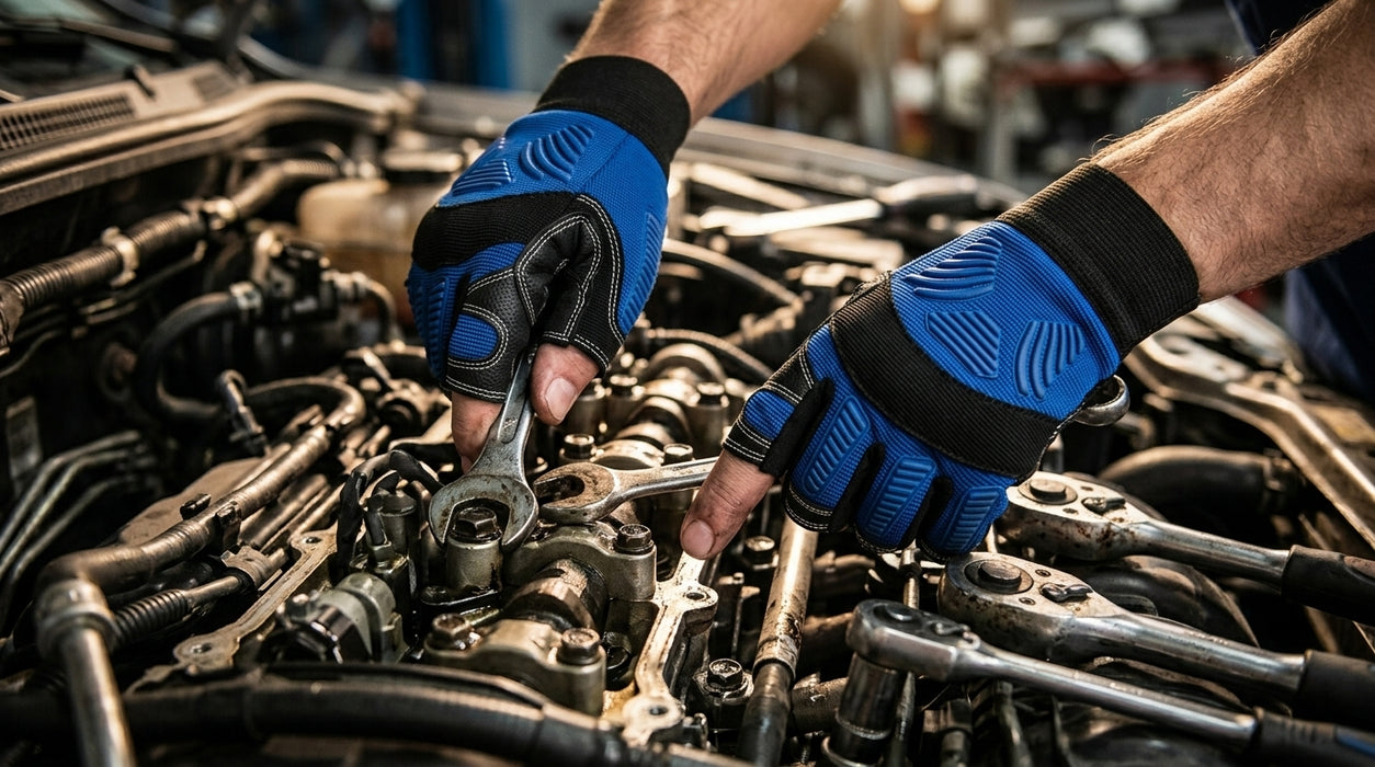 Person working on a car engine with tools and wearing Tuff Gard Synthetic Leather Fingertip Mechanic Glove