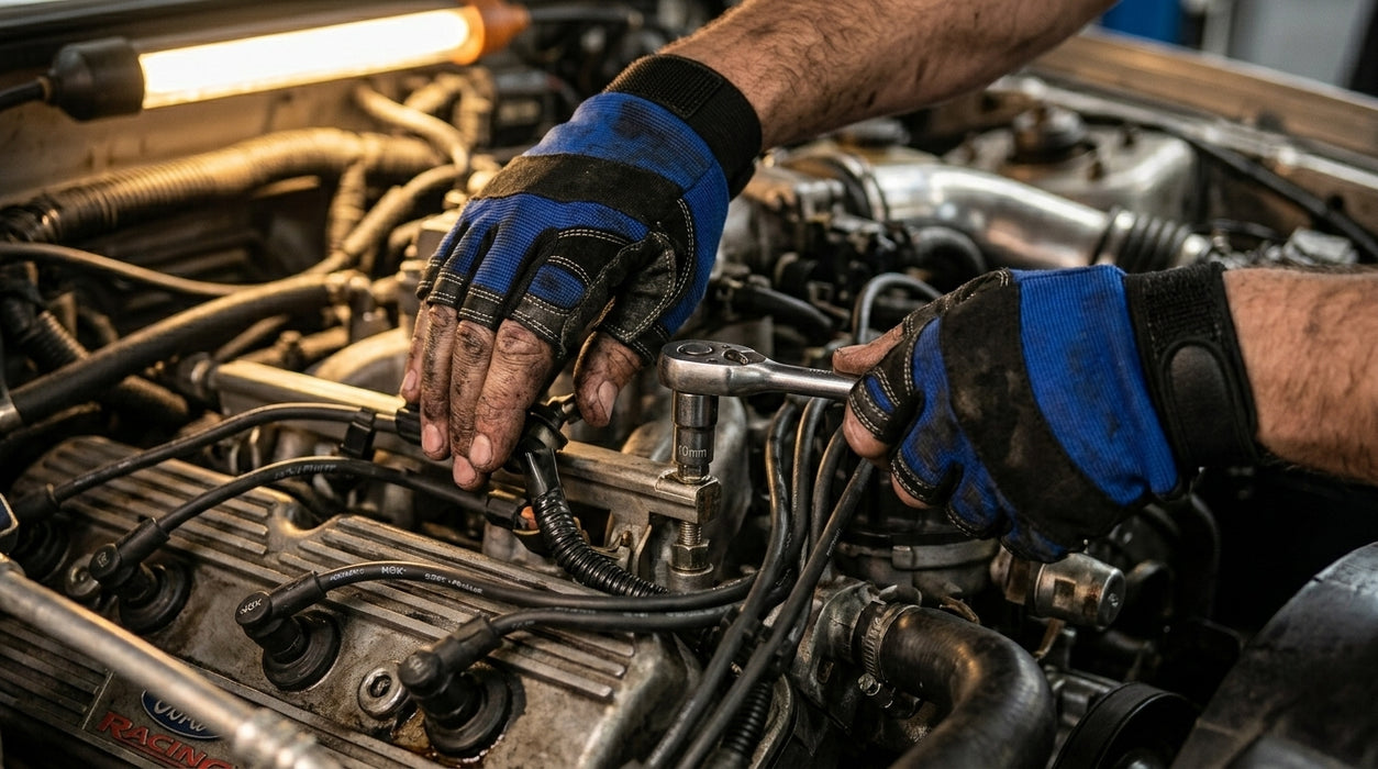 Person working on a car engine with tools, wearing blue gloves.