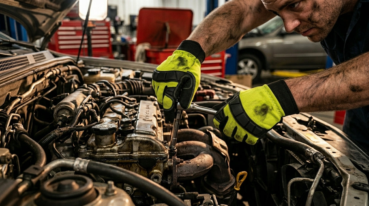 Mechanic working on a car engine with tools in a garage setting-wearing Full‑Finger Mechanic Glove