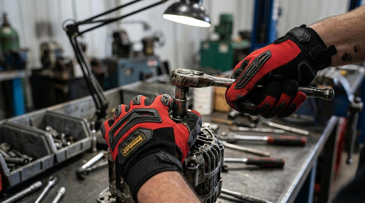 Person working on a mechanical component with tools in a workshop setting wearing  Full‑Finger Mechanic Glove