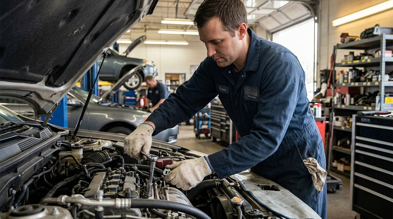Mechanic working on a car engine in a garage while wearing Tuff Gard Cotton/Polyester Knit Glove