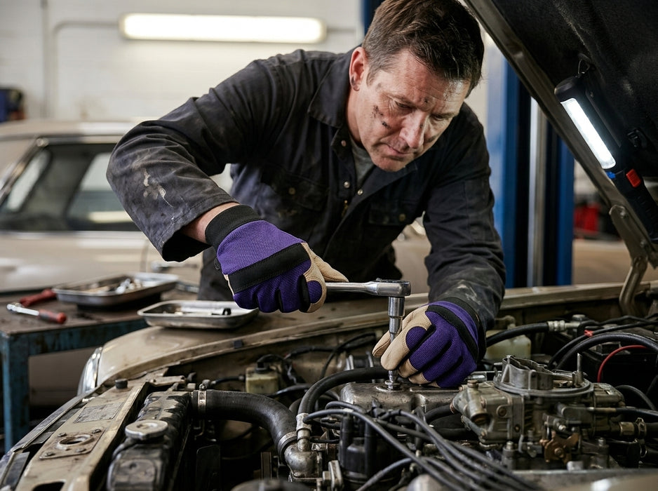 Mechanic working on a car engine in a garage while wearing Tuff Gard Pigskin Mechanic Glove – Purple & Beige