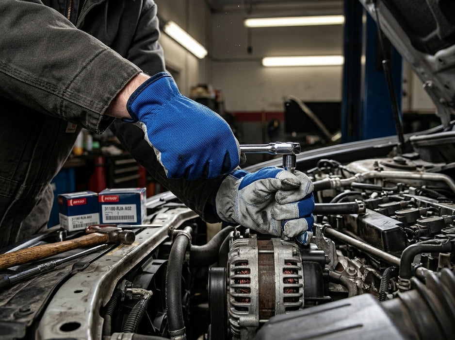 Mechanics working on a car engine with tools in a garage setting wearing Tuff Gard Goatskin Mechanic Glove 