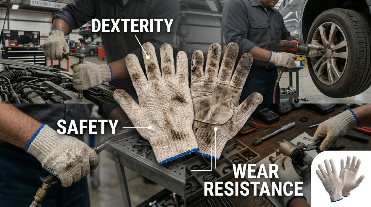 Mechanics working on a car with gloves labeled for dexterity, safety, and wear resistance.