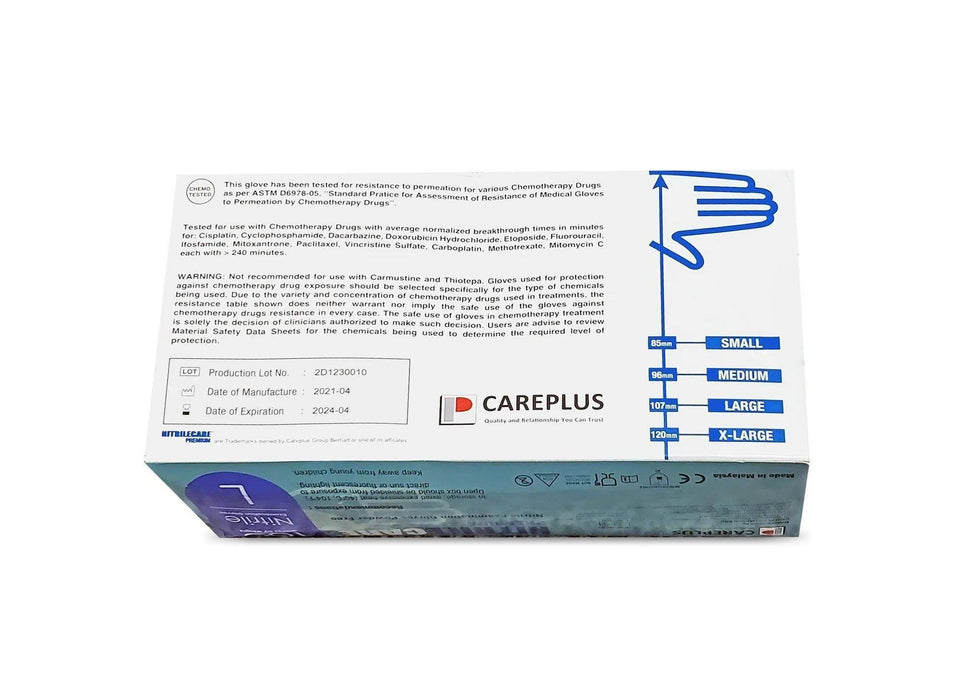 CarePlus Premium 6 Mil Blue Nitrile Chemo Exam Gloves, Case of 1000 pcs. (MG-C26) - VizoCare