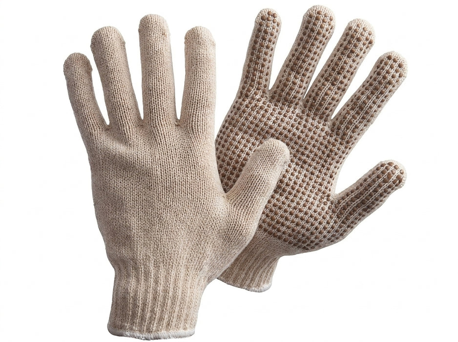 Pair of beige gloves with textured palm on a white background
