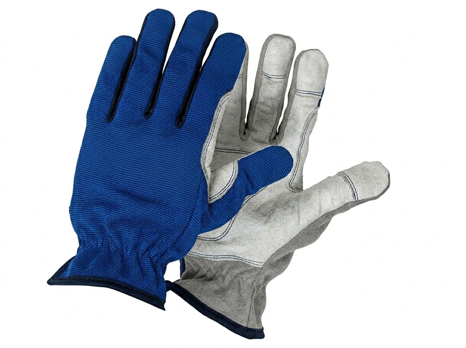 Pair of blue and gray gloves on a white background