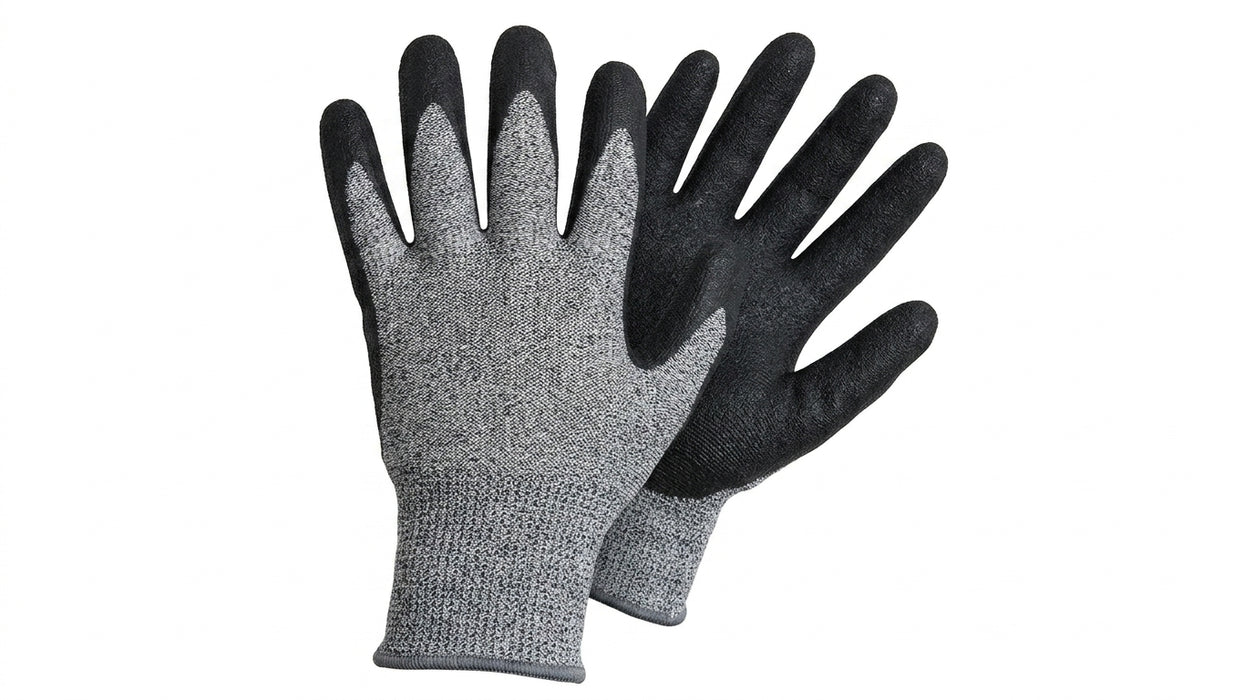 Pair of black and gray gloves on a white background