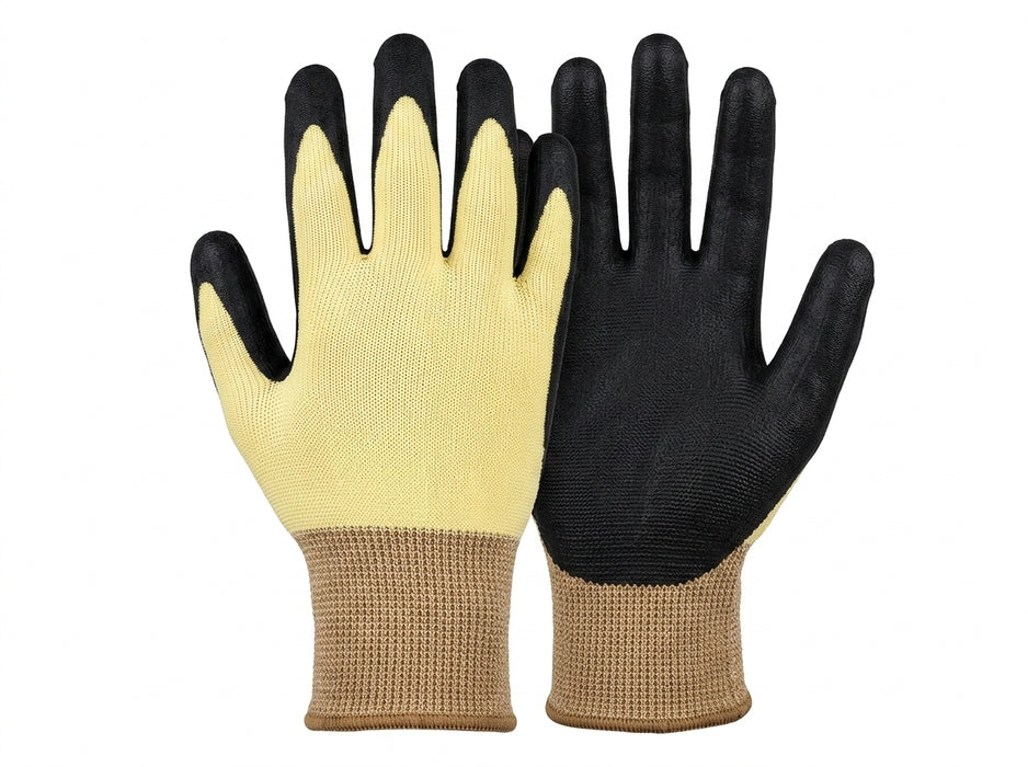 Pair of black and yellow gloves on a white background