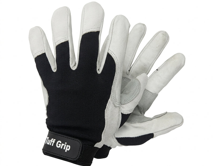 Pair of Tuff Gard Leather Palm Mechanic Glove – Grey & Black on a light gray background