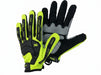 Pair of black and green gloves on a white background
