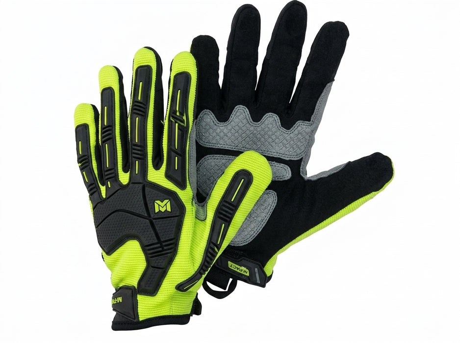Pair of black and green gloves on a white background