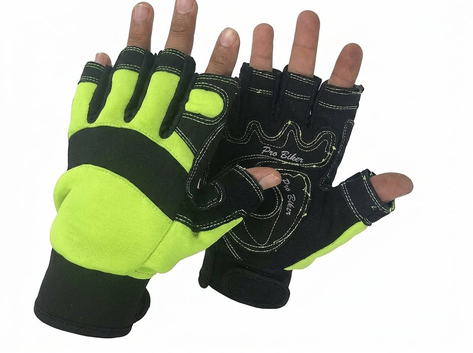 Pair of black and green half-finger gloves on a white background