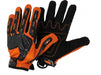 Pair of black and orange gloves on a white background