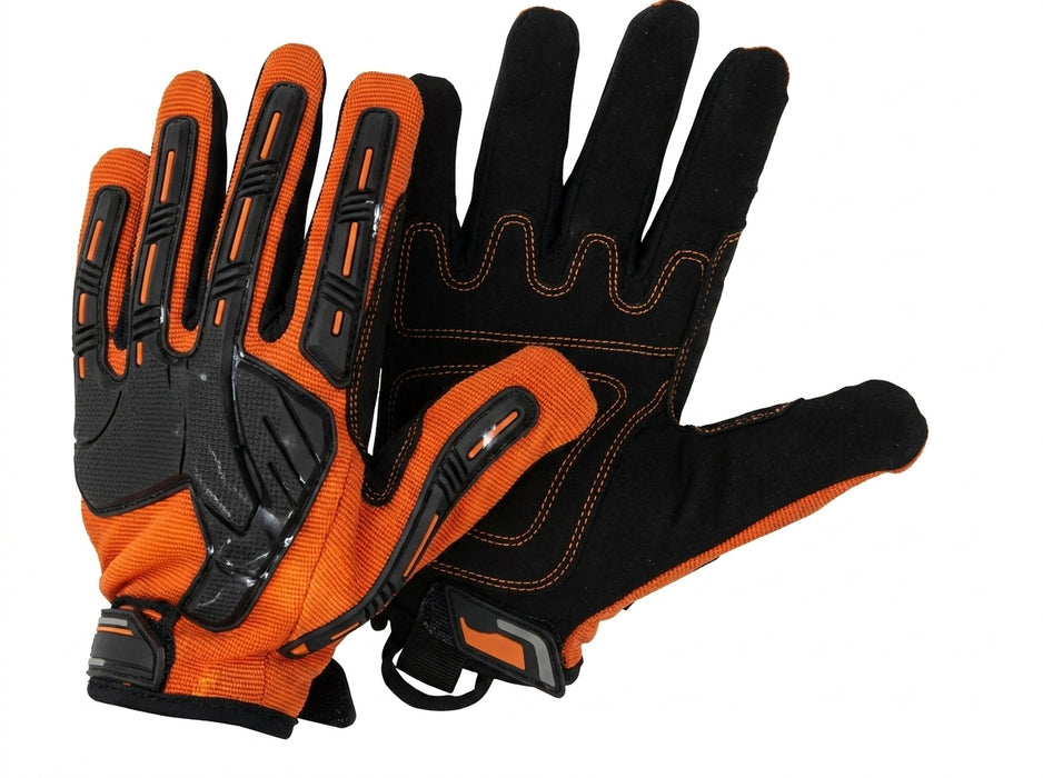 Pair of black and orange gloves on a white background