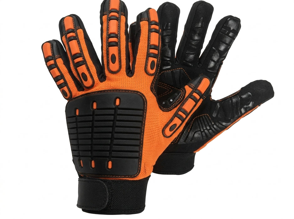 Pair of black and orange gloves on a white background