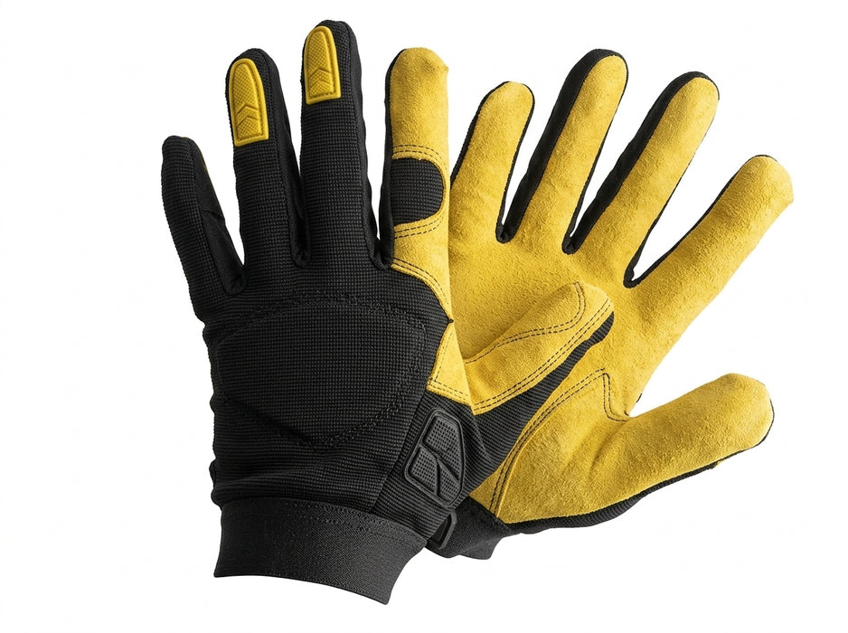 Pair of black and yellow gloves on a white background- Tuff Gard Deerskin Mechanic Glove – Hi‑Viz Yellow & Black 