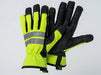 Pair of black and yellow gloves with reflective stripes on a light gray background