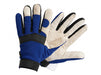 Pair of blue and beige work gloves on a white background