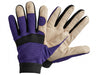 Pair of gloves with purple palm and beige back, on a white background