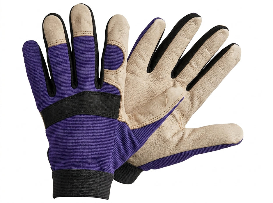 Pair of gloves with purple palm and beige back, on a white background