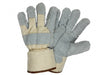 Pair of gray and beige work gloves on a white background