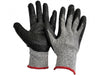 Pair of gray gloves with black palm and red trim on a white background