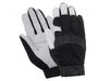 Pair of tan, White & Black gloves on a light gray background
