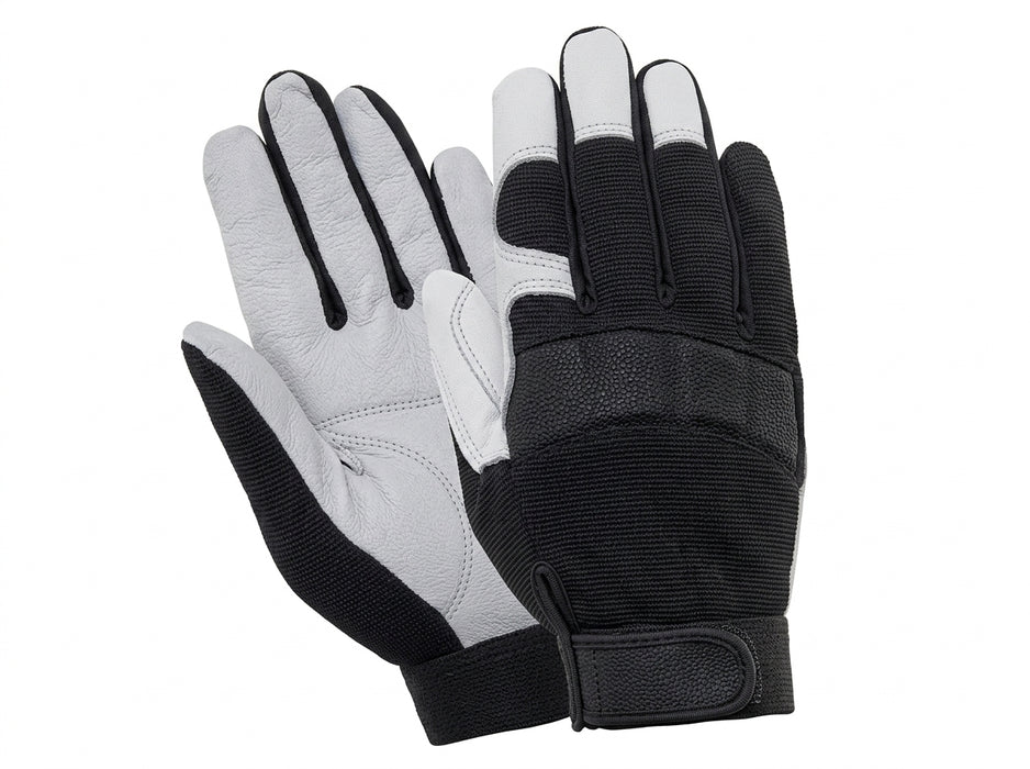 Pair of tan, White & Black gloves on a light gray background