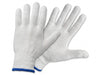 Pair of white gloves with blue trim on a white background