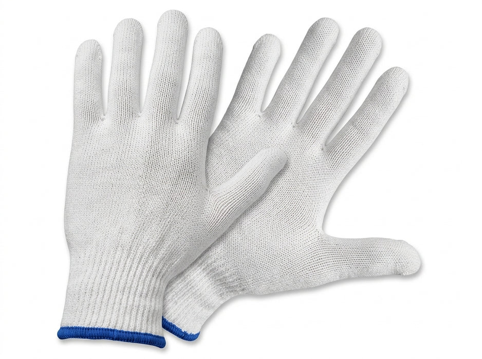 Pair of white gloves with blue trim on a white background