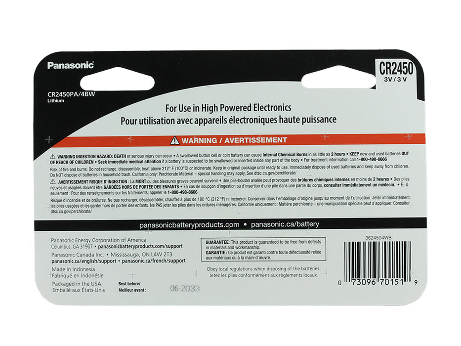 Panasonic CR2450 3V Lithium Coin Cell Battery 4 Pack