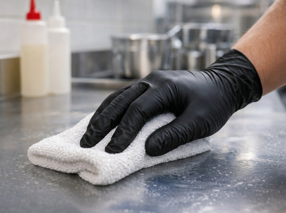 Person cleaning a surface with a white cloth and black gloves in a kitchen setting