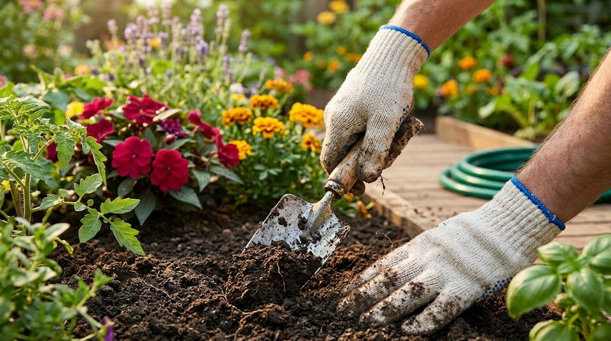 Person gardening with gloves on, tending to plants in a garden.
