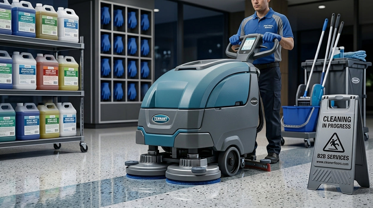 Person operating a Cen-Tec floor cleaning machine in a cleaning supply store wearing the blue gloves. 