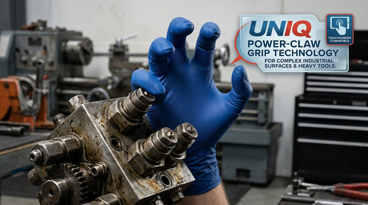 Person wearing a blue glove holding a mechanical component with UNIQ Power Claw Grip Technology 
