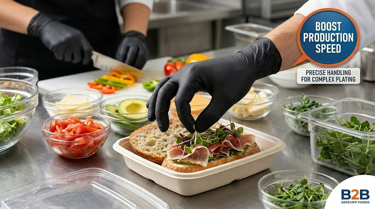 Person wearing black gloves preparing a sandwich with various ingredients in a kitchen setting, with text about boosting production speed.