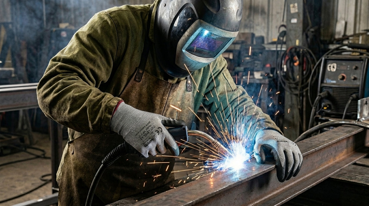 Person welding metal in a workshop with protective gear