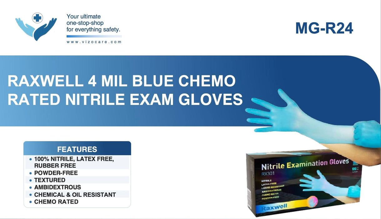 RX301 RAXWELL RX 4 Mil Blue Chemo Nitrile Gloves, Case of 1000 pcs. (MG-R24)