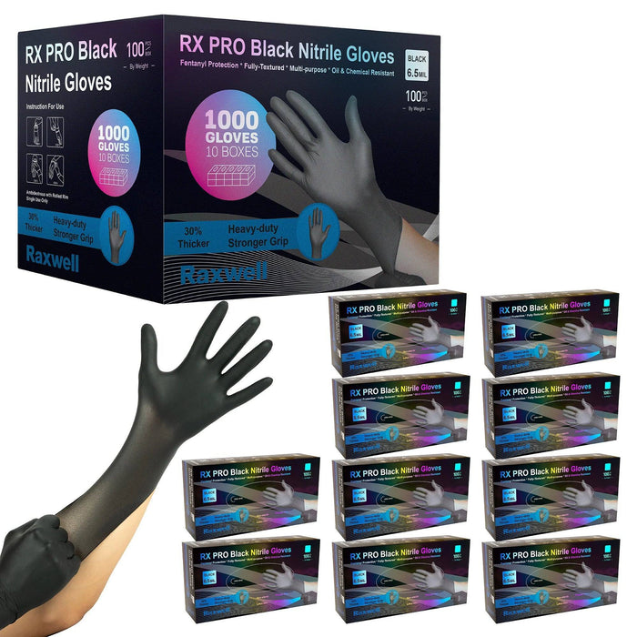 RAXWELL RXPRO 6.5 Mil Chemo Black Nitrile Gloves, Case of 1000 pcs. (MG-R26B)