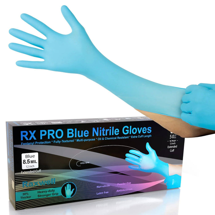 RAXWELL RXPRO 8.5 Mil Chemo Blue Nitrile Gloves 12" Extended Cuff, Case of 500 pcs. (MG-R28)