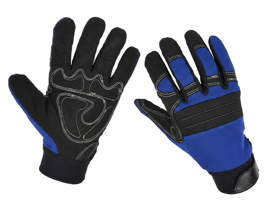 Pair of black and blue gloves on a white background