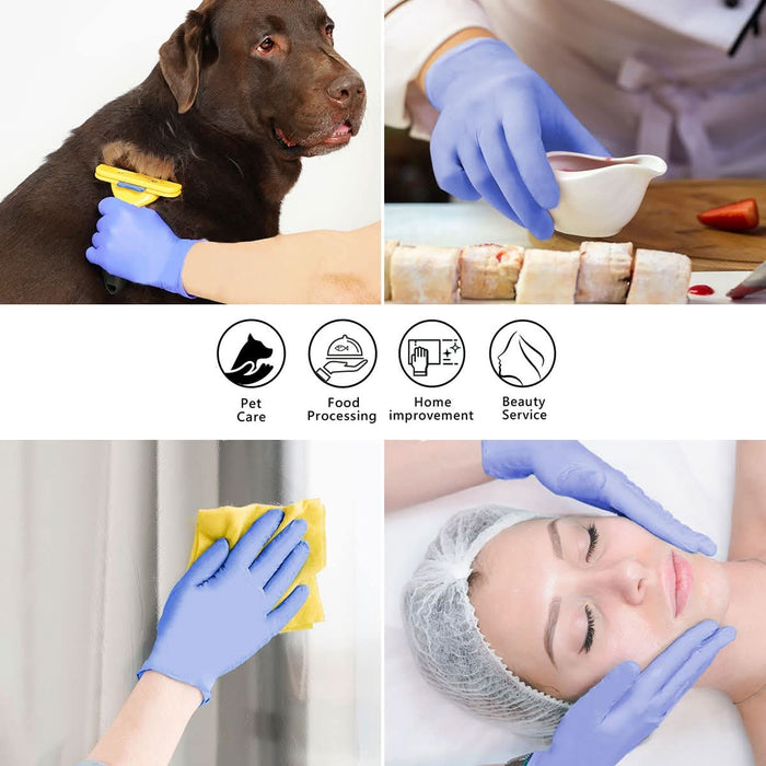 Collage of images showing a dog, food preparation, cleaning, and a beauty service with blue gloves.