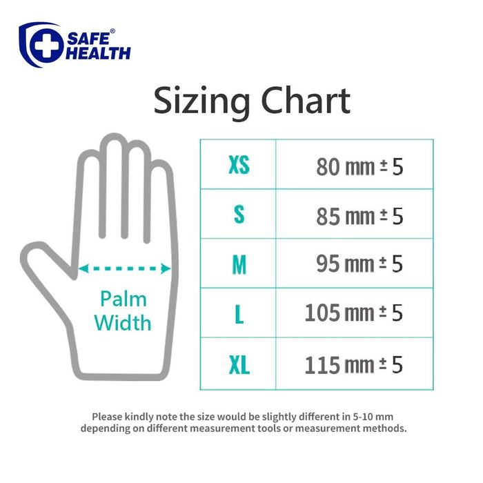 Safe Health sizing chart for gloves with palm width measurements.