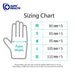 Safe Health sizing chart for gloves with palm width measurements.