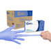 Safe Health nitrile examination gloves with packaging and a hand wearing a glove on a white background